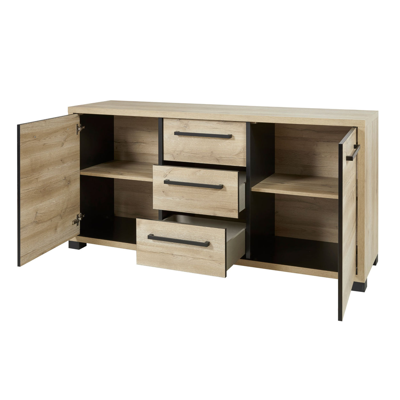 Salle à manger Rico (bi-ton Arizona Oak & Nero), buffet deux portes ouvertes et tiroirs sortis révélant les rangements intérieurs