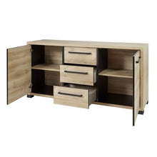 Salle à manger Rico (bi-ton Arizona Oak & Nero), buffet deux portes ouvertes et tiroirs sortis révélant les rangements intérieurs