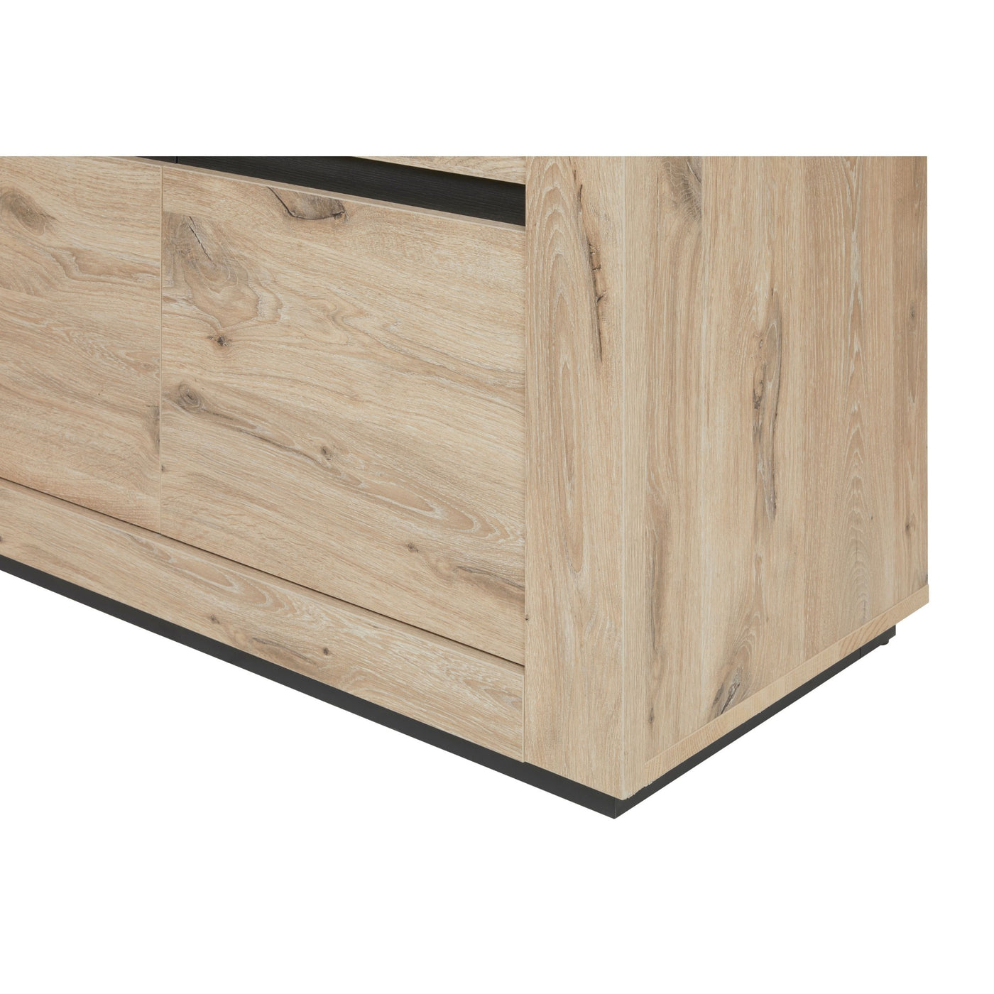 Salle à manger Sacha (Canyon Oak / Marmer / Nox), détail angle inférieur façade chêne et socle noir