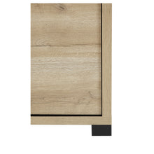 Salle à manger Rico (bi-ton Arizona Oak & Nero), détail de l'angle bas du buffet chêne clair avec liseré et pied noirs 