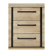 Salle à manger Rico (bi-ton Arizona Oak & Nero), façade des trois tiroirs chêne clair à poignées barre noires en vue rapprochée