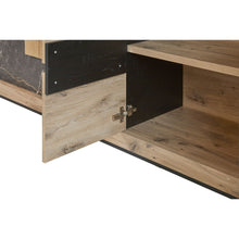 Salle à manger Sacha (Canyon Oak / Marmer / Nox), détail porte basse ouverte charnière et étagère chêne