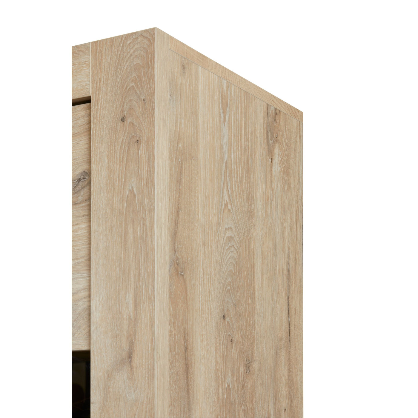 Salle à manger Sacha (Canyon Oak / Marmer / Nox), détail angle supérieur et côté chêne de la colonne