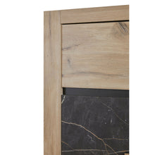 Salle à manger Sacha (Canyon Oak / Marmer / Nox), détail façade chêne et panneau marbre Nox du bahut