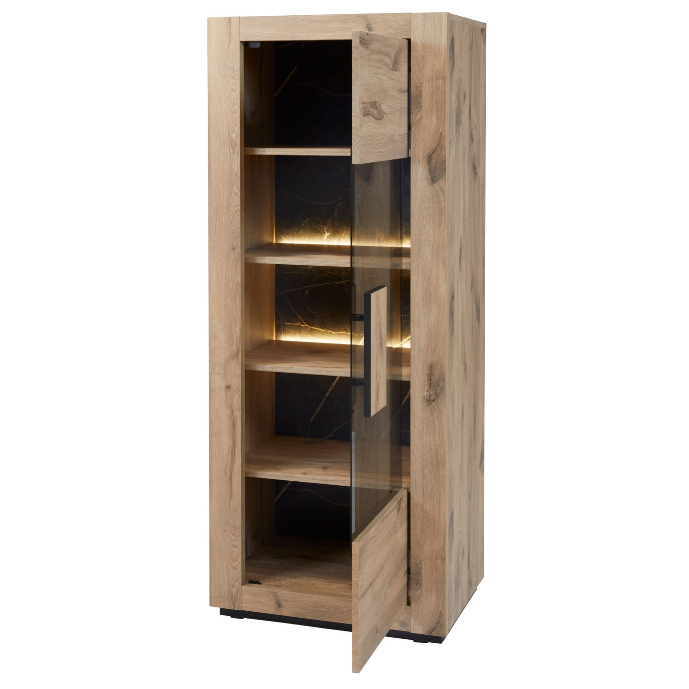 Salle à manger Sacha (Canyon Oak / Marmer / Nox), élément colonne vitrine porte ouverte étagères et fond marbre Nox éclairé LED