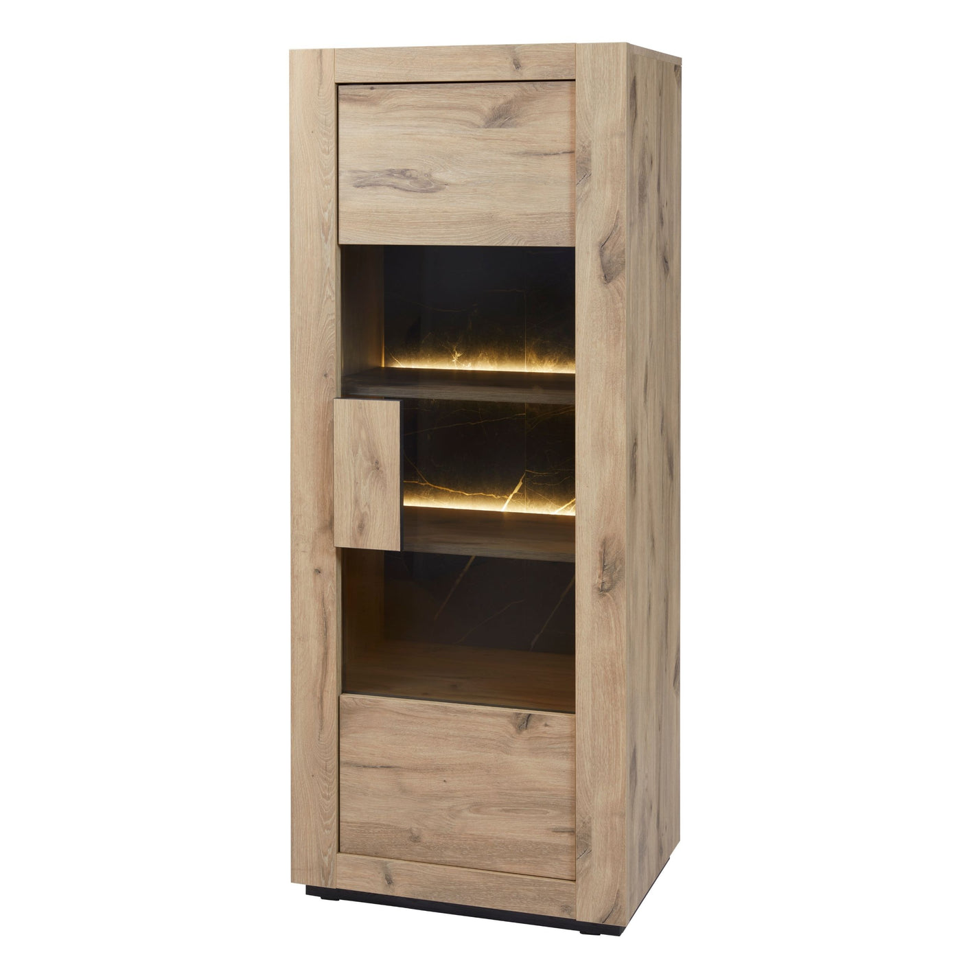 Salle à manger Sacha (Canyon Oak / Marmer / Nox), élément colonne vitrine fond marbre Nox et éclairage LED, vue trois-quarts