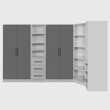 Vidéo de présentation du Rangement Systemix en décor papier sur panneaux de particules BLANC / ANTHRACITE, montrant les modules d'armoires, penderies, étagères ouvertes, colonnes de tiroirs et module d'angle ainsi que leurs aménagements intérieurs
