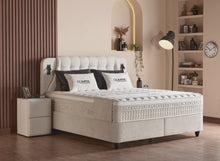 Lit Olimpia — Boxspring bouclé à coffres de rangement