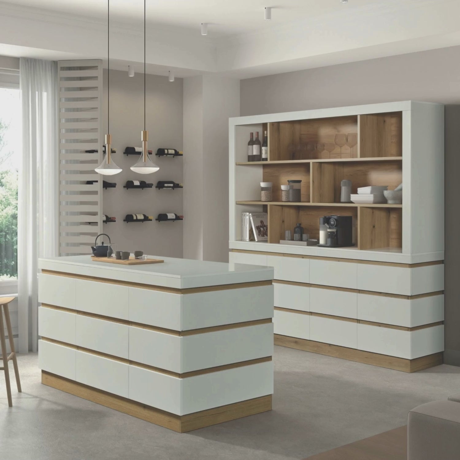 Vidéo de présentation du Rangement Urbino en panneaux revêtus WIT (blanc), buffet et vaisselier au design contrasté blanc et chêne, façades sans poignée et rangements intérieurs
